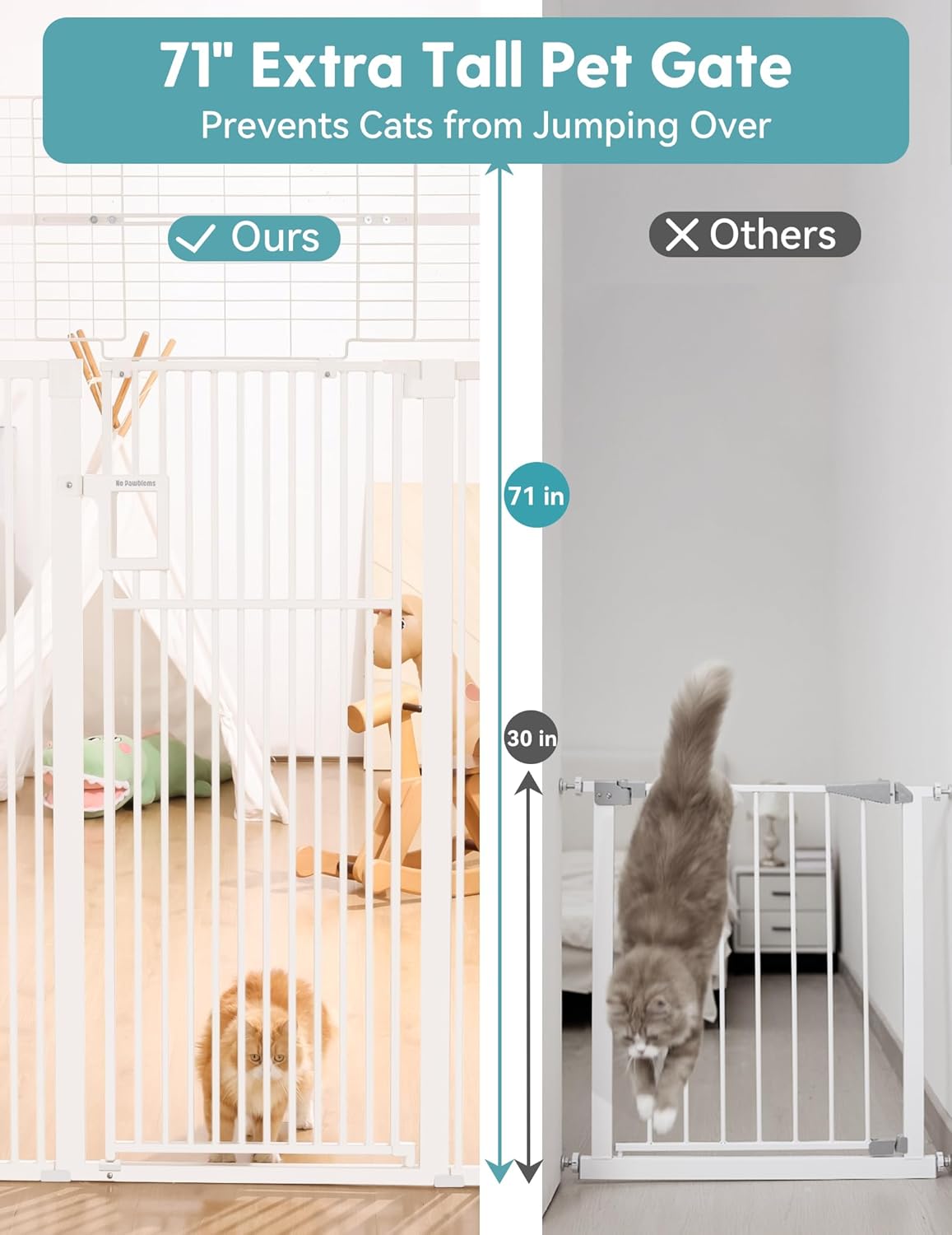 No Pawblems Upgraded 71" Extra Tall Pet Gate for Cat, 29-43" Auto Close Cat Gate for Doorways/Stairs/Hallways, NO Drilling Pressure Mounted, 1.37" Pet-Safe Gap (Black, 71" Tall, 29-43" Wide)