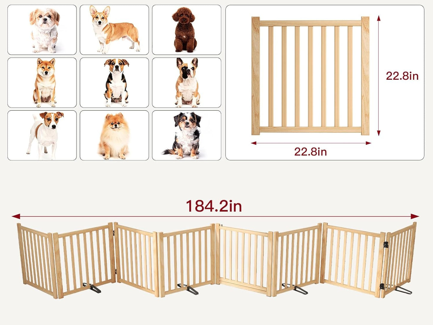 Wooden Dog Gate Indoor, 23" H Freestanding Dog Gates with Door, No-Painted Foldable Puppy Fence, Doggy Barrier for Doorway, Stairs- 4 Panels