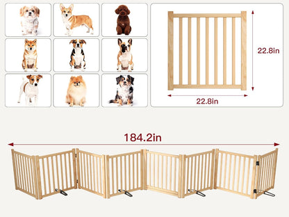 Wooden Dog Gate Indoor, 23" H Freestanding Dog Gates with Door, No-Painted Foldable Puppy Fence, Doggy Barrier for Doorway, Stairs- 4 Panels