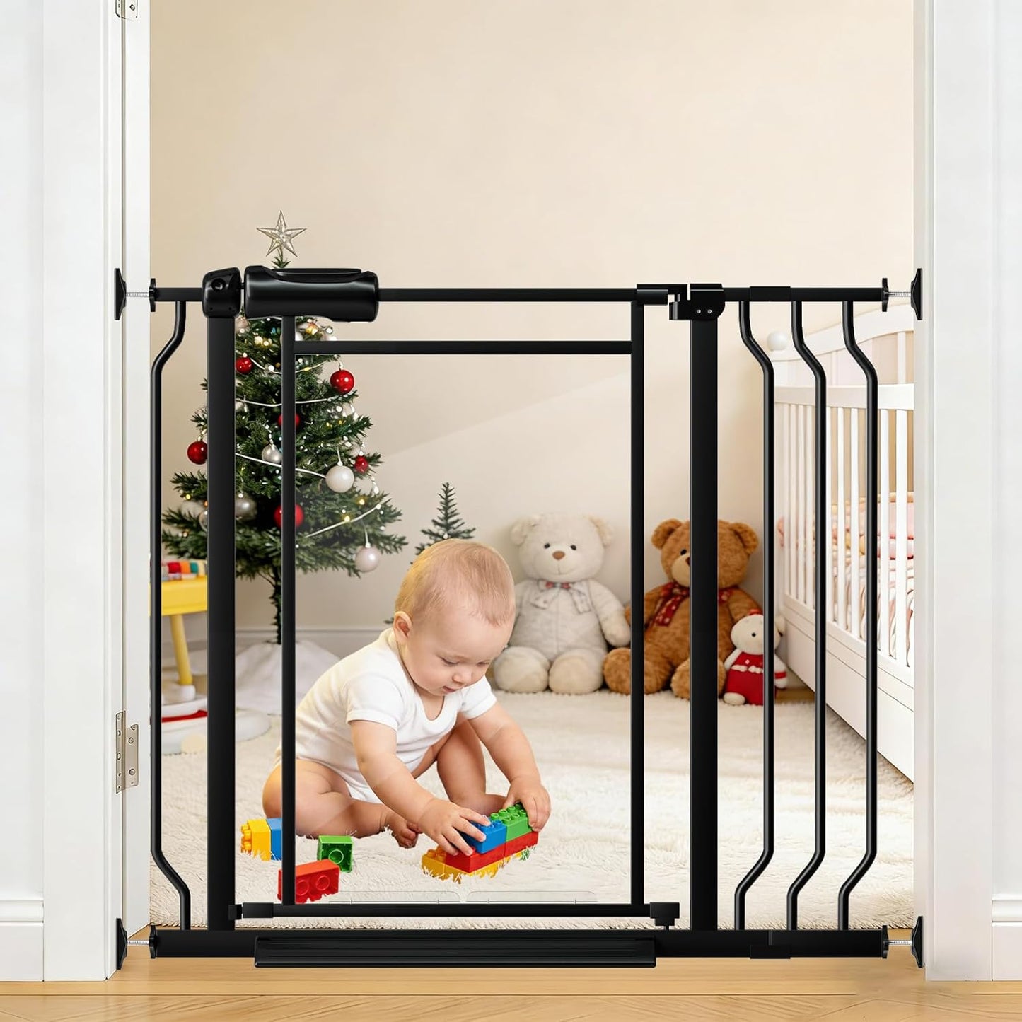 Fairy Baby Triple Lock Clear Baby Gate for Doorways, 57.6”-66.8” Extra Wide Acrylic Dog Gate for Stairs, Safety Child Gate Pressure Mounted No Drill, Auto Close Clear Pet Gate One-Hand Opening, Black