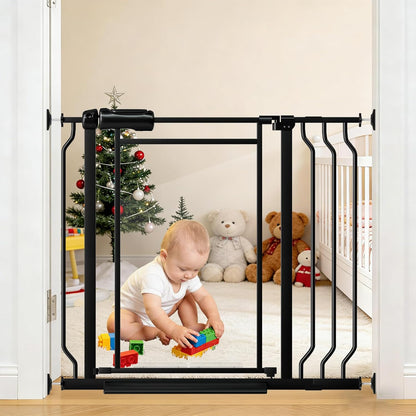 Fairy Baby Triple Lock Clear Baby Gate for Doorways, 57.6”-66.8” Extra Wide Acrylic Dog Gate for Stairs, Safety Child Gate Pressure Mounted No Drill, Auto Close Clear Pet Gate One-Hand Opening, Black