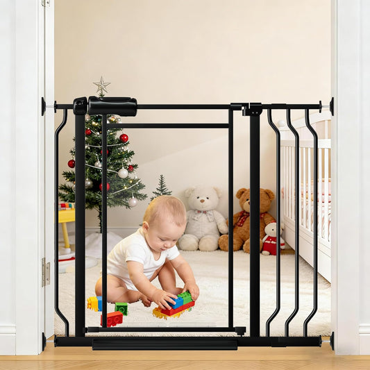 Fairy Baby Triple Lock Clear Baby Gate for Doorways, 57.6”-66.8” Extra Wide Acrylic Dog Gate for Stairs, Safety Child Gate Pressure Mounted No Drill, Auto Close Clear Pet Gate One-Hand Opening, Black