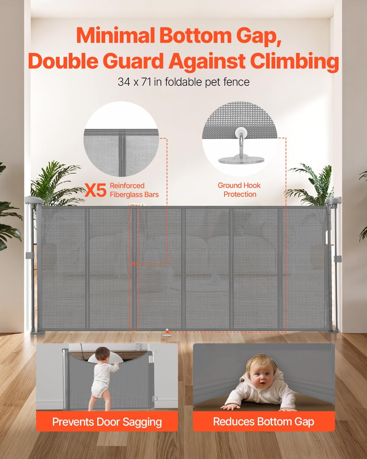 VEVOR Retractable Baby Gate, 34 inch Tall, Extends up to 110 inch Wide, Retractable Gate for Kids or Pets, Mesh Material, Easy to Install for Indoor Stairs, Doorways, Hallways, Playrooms, Gray