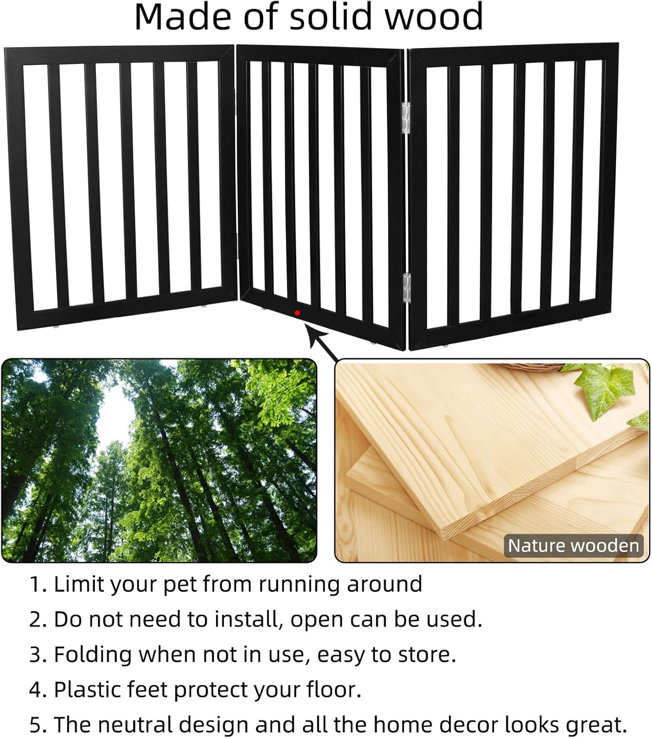 Dog Gate Indoor, Freestanding Dog Fence for The House, Doorways, Hallways,or Stairs,Pet Gate Foldable Wooden,Expandable 24" Height 3 Panels,White
