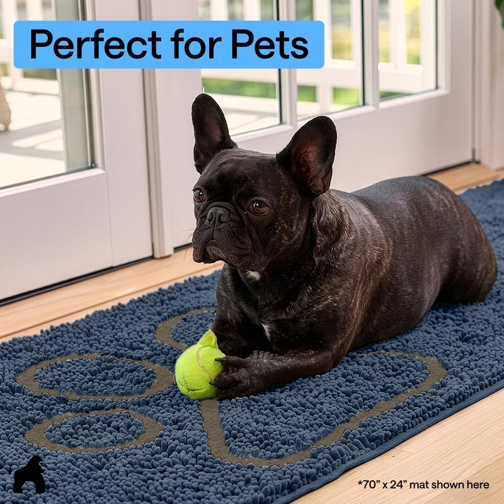 GORILLA GRIP SoakSTOPPER Dog Door Mat, 30x20 Machine Washable Rug Absorbent Doormat Captures Moisture Mud Dirt, Quick Dry Soft Chenille Entryway Rugs Indoor Entrance Mats for Dog Paws, Paw Grey
