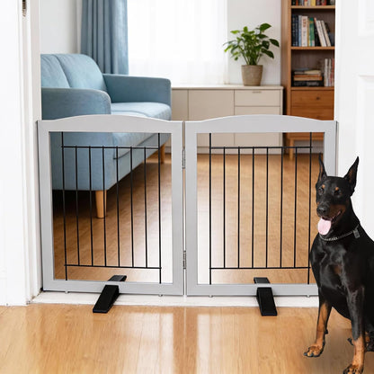 ZJSF Freestanding Dog Fence Indoor, Foldable Dog Gate for Doorways, Stairs or Hallways, Sturdy Wood Extra Wide Pet Gate with Support Feet for The House, White, 24 "Height-3 Panels
