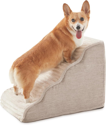 Laojin Balhen Dog Stairs for Small Dogs & Cats 15.7" H, High Density Foam Dog Steps Ramp for Couch Sofa and Chair, Pet Stairs with Non-Slip Bottom and Remove Washable Cover, 3-Step Pet Steps, Beige