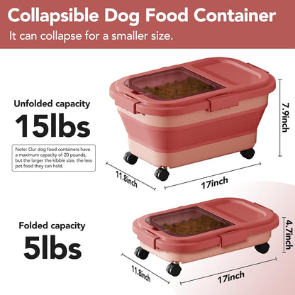 Summark 15 Lbs Dog/Cat Food Storage Container,Collapsible Food Storage Containers with Rolling Wheel Airtight Locking Lid,Pet Food Storage Container with Cup and Scoop,Grey