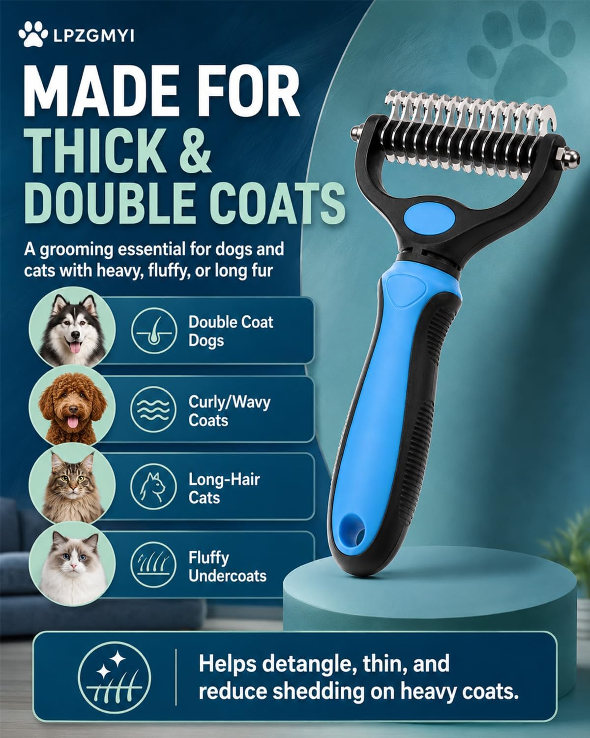 Undercoat Rake for Dogs, Pet Grooming Tool Pro Deshedding Brush Double Sided Cat Brushes Long Hair Dematting Comb Professional Extra-Wide Stainless Steel Teeth Supplies for Matted Fur on Cats (Green)