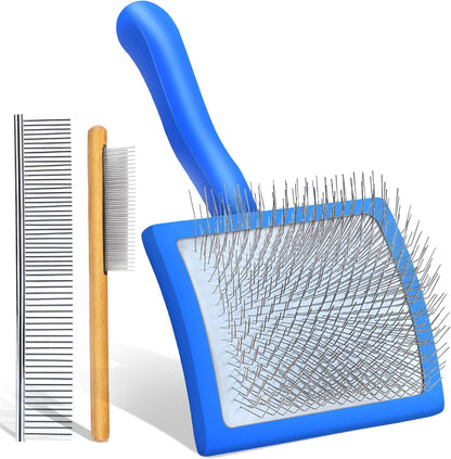 Slicker Brush for Dogs, Large Dog Grooming Brush for Doodles Goldendoodles Poodles Labradoodle Bernedoodles, Long Combs to Wavy & Curly Hair - Wooden Handle 3 Pcs - Nature