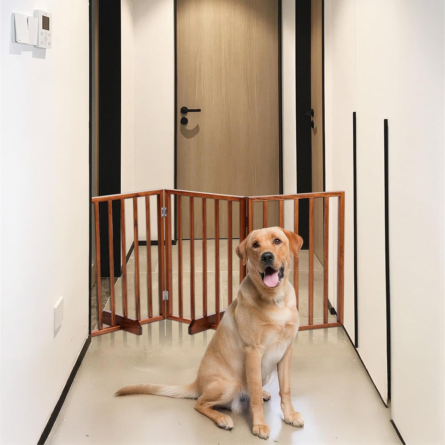 4 Panels Wooden Dogs Fence,Free Standing Pet Gate for Dog Cat,Wooden Indoor Foldable Dog Gate,Wide Pet Puppy Safety Fence,with Support Feet,for Hallways, Stairs, Doorways, Halls, Kitchen (Brown)