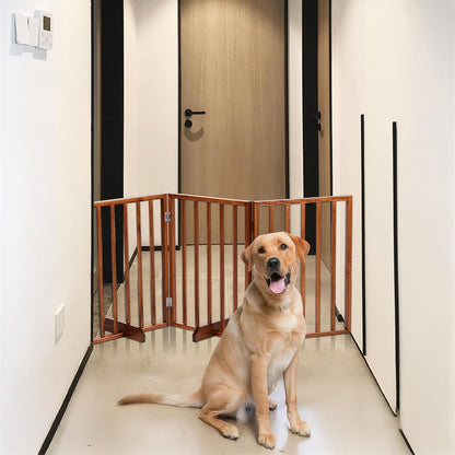 Outvita Freestanding Dog Gate, 24" H Foldable Wooden Pet Barrier Fence,4-Panel Extra Wide Pet Fence with Support Feet for Stairs，Hallways,Doorways(Brown)