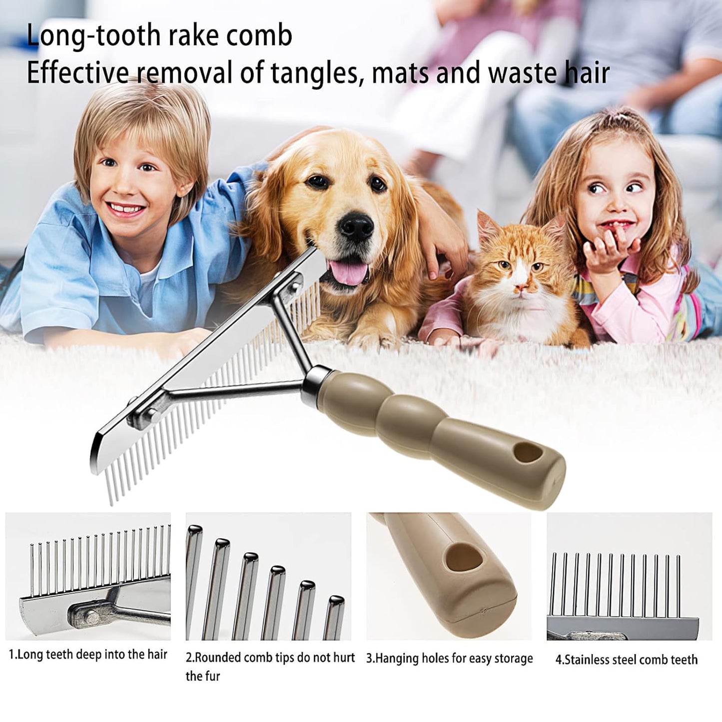 Dog Rake for Undercoat, Pet Grooming Set Long-Tooth Metal Brush & Stainless Steel Shedding Comb for Big Dogs Long-Haired Cats Horse