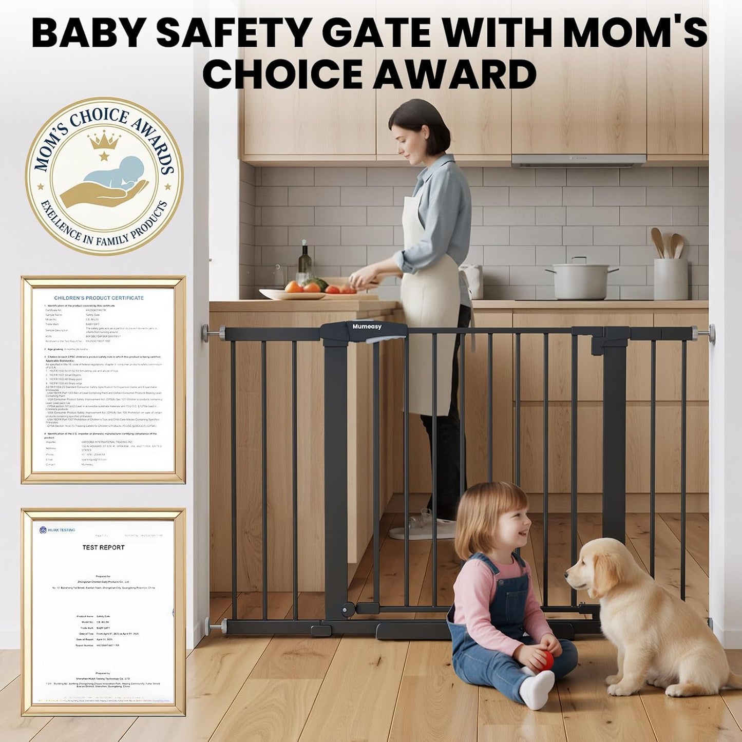Mumeasy 29.7-46" Baby Gate for Stairs, Pressure Mounted Dog Gate for Doorways, Auto Close Walk Through Pet Gate Indoor, Extra Wide Metal Child Safety Gate, Mom's Choice Awards Winner, Black