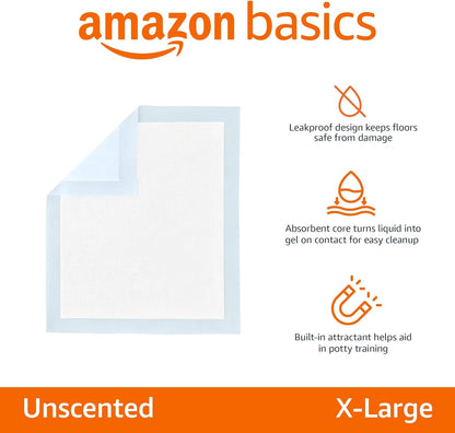 Amazon Basics Leak-Proof Dog and Puppy Potty Training Pee Pads with Quick-Dry 5-Layer Super Absorbent Design, Regular Size 22 x 22 inch, Blue & White, 100 Count
