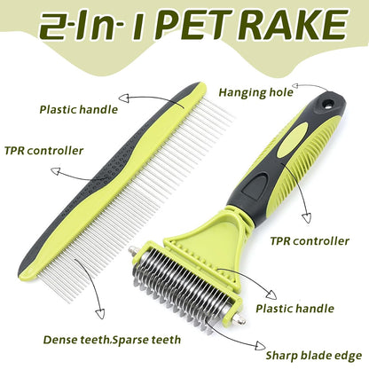 2-in-1 Pet Grooming Brush & Undercoat Rake, Double Sided Dematting Comb for Dogs Cats, Shedding & Slicker Grooming Tool (Green)