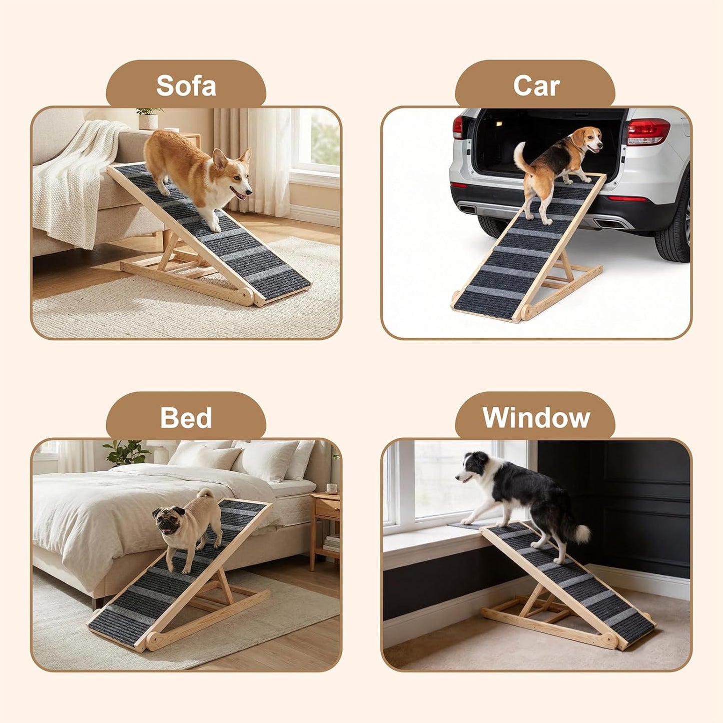 Dog Ramp for Bed, 43.5" Long Wooden Foldable Dog Ramp, 6 Adjustable Heights from 14" to 26" with Anti-Slip Traction Mat, Portable Pet Ramp for Car, Bed, Couch, Max 200lbs - 43.5inch