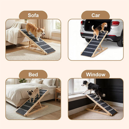Dog Ramp for Bed, 43.5" Long Wooden Foldable Dog Ramp, 6 Adjustable Heights from 14" to 26" with Anti-Slip Traction Mat, Portable Pet Ramp for Car, Bed, Couch, Max 200lbs - 43.5inch