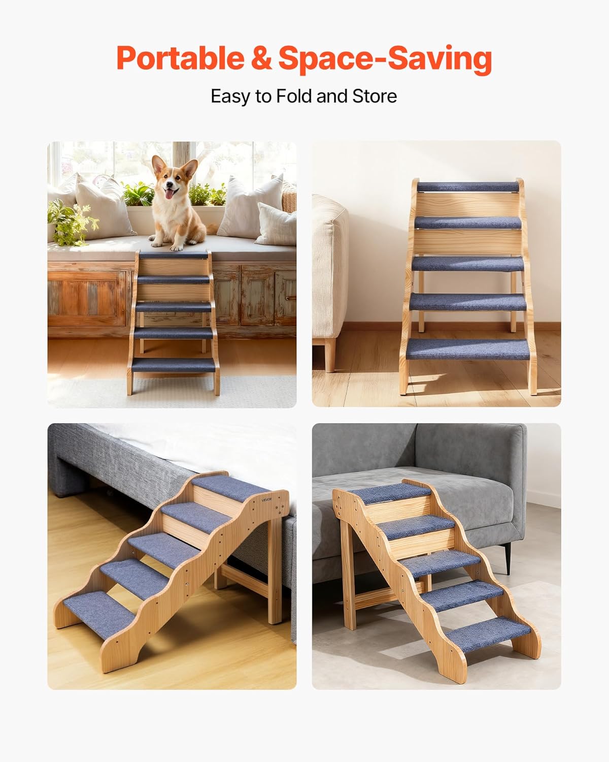 VEVOR Wood Pet Stairs, 2-Step Dog Stairs for Beds, Sofa & Cars, 110lbs Load Capacity, Floded Flat Design, Stable & Sturdy Cat & Dog Step Ladder for Small Medium Large Older Pet Puppy Essentials