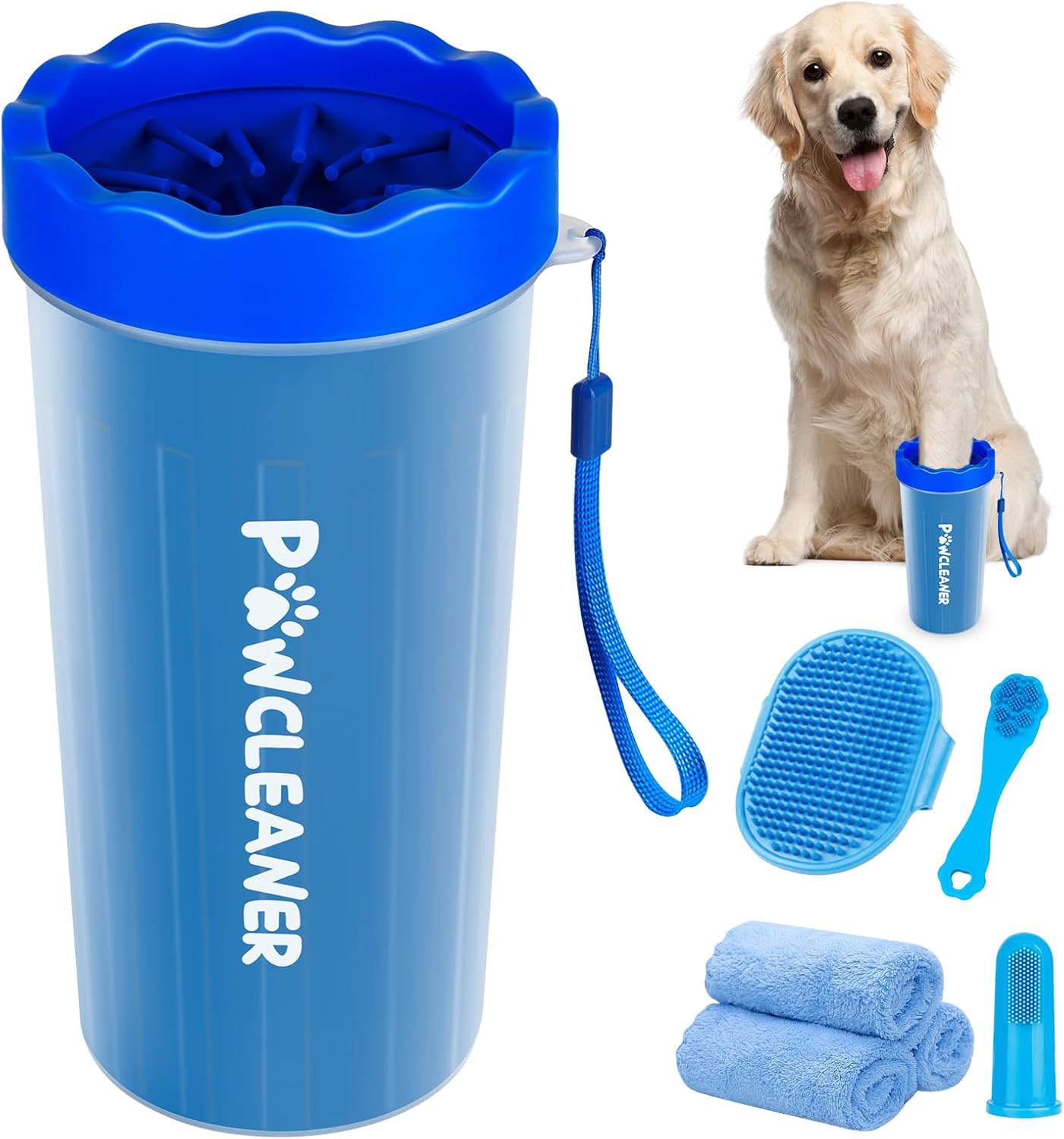 Professional 7 in 1 Dog Paw Cleaner for Dogs & Cats - Includes 1 Portable Paw Washer, 1 Bath Brush, 2 Dog Toothbrushes and 3 Absorbent Towels Note: Fits Paws up to 2 Inches Wide (Small, Blue)