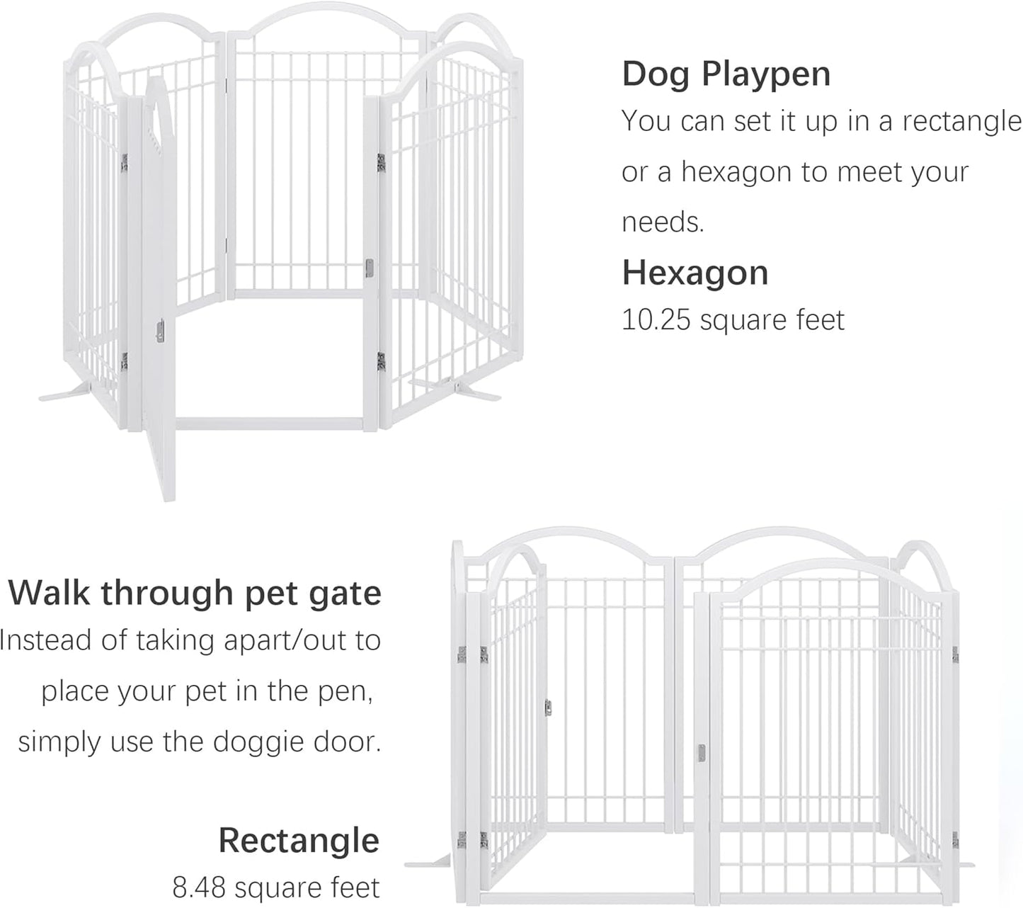 BHG Metal No-Assembly Freestanding Dog Gate with Door Walk Through, Extra Wide 144", Extra Tall 32" Pet Gate, Accordion Puppy Folding Playpen Dog Fence, with 2PCS Support (Black, 6 panesl)