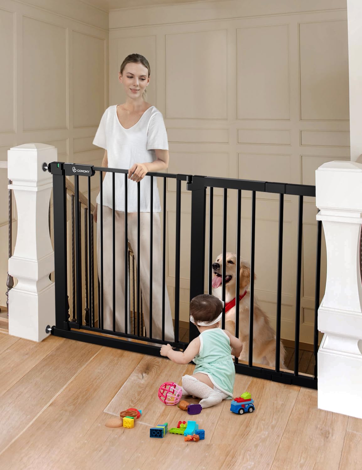 COMOMY 36" Extra Tall Baby Gate for Stairs and Doorways - Fits 29.5" to 48.8" Wide Openings, Auto Close Extra Wide Dog Gate for House, Pressure Mounted Easy Walk Through Pet With Door, Black