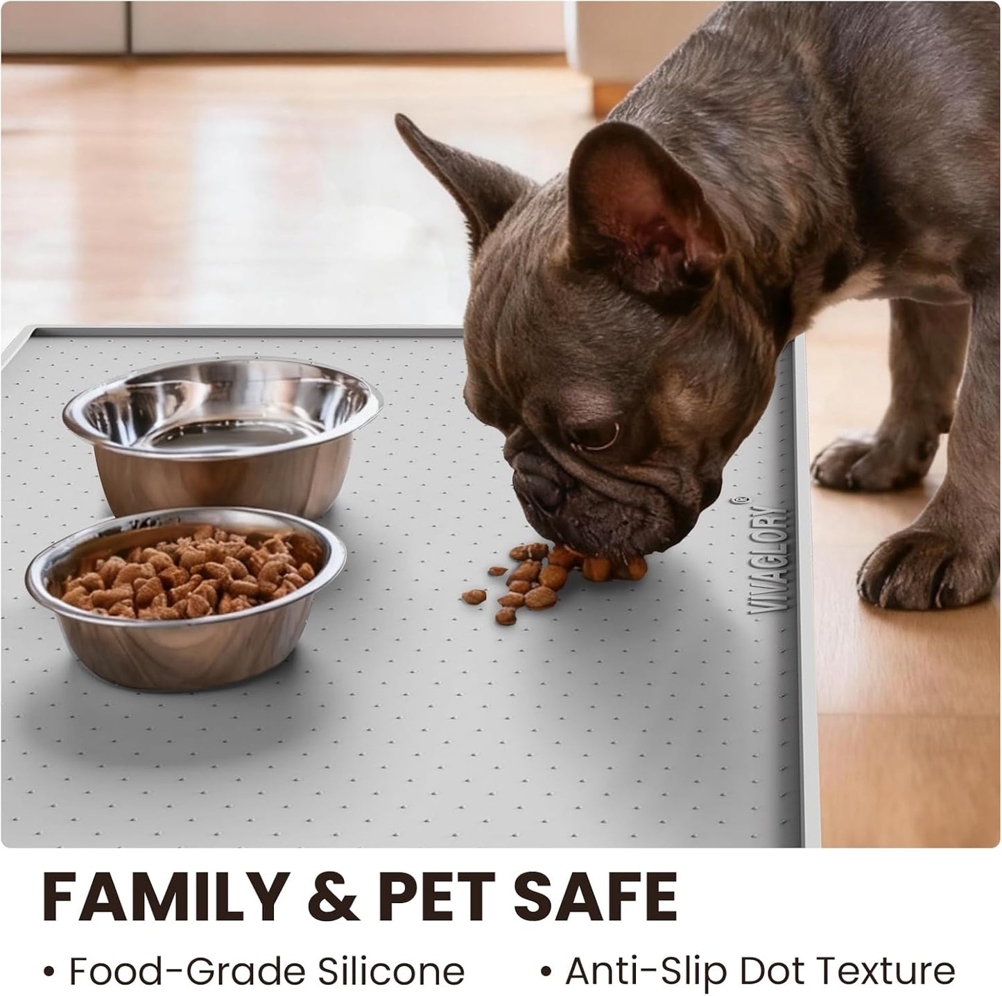 VIVAGLORY Dog Bowl Mat Grippymat Pet Food Mat, Waterproof Washable Nonslip Silicone for Pet & Cat, Food and Water Placemat with Lip & Raised Edges for Indoor Floor, S, Grey