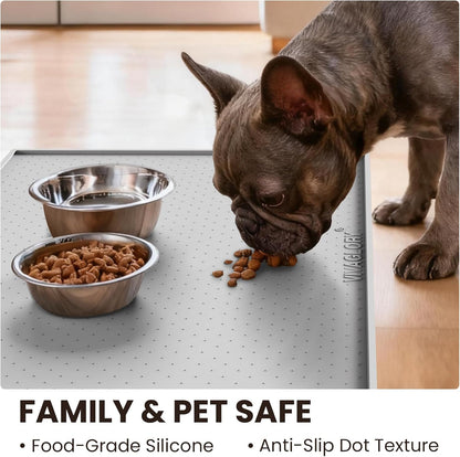 VIVAGLORY Dog Bowl Mat Grippymat Pet Food Mat, Waterproof Washable Nonslip Silicone for Pet & Cat, Food and Water Placemat with Lip & Raised Edges for Indoor Floor, S, Grey