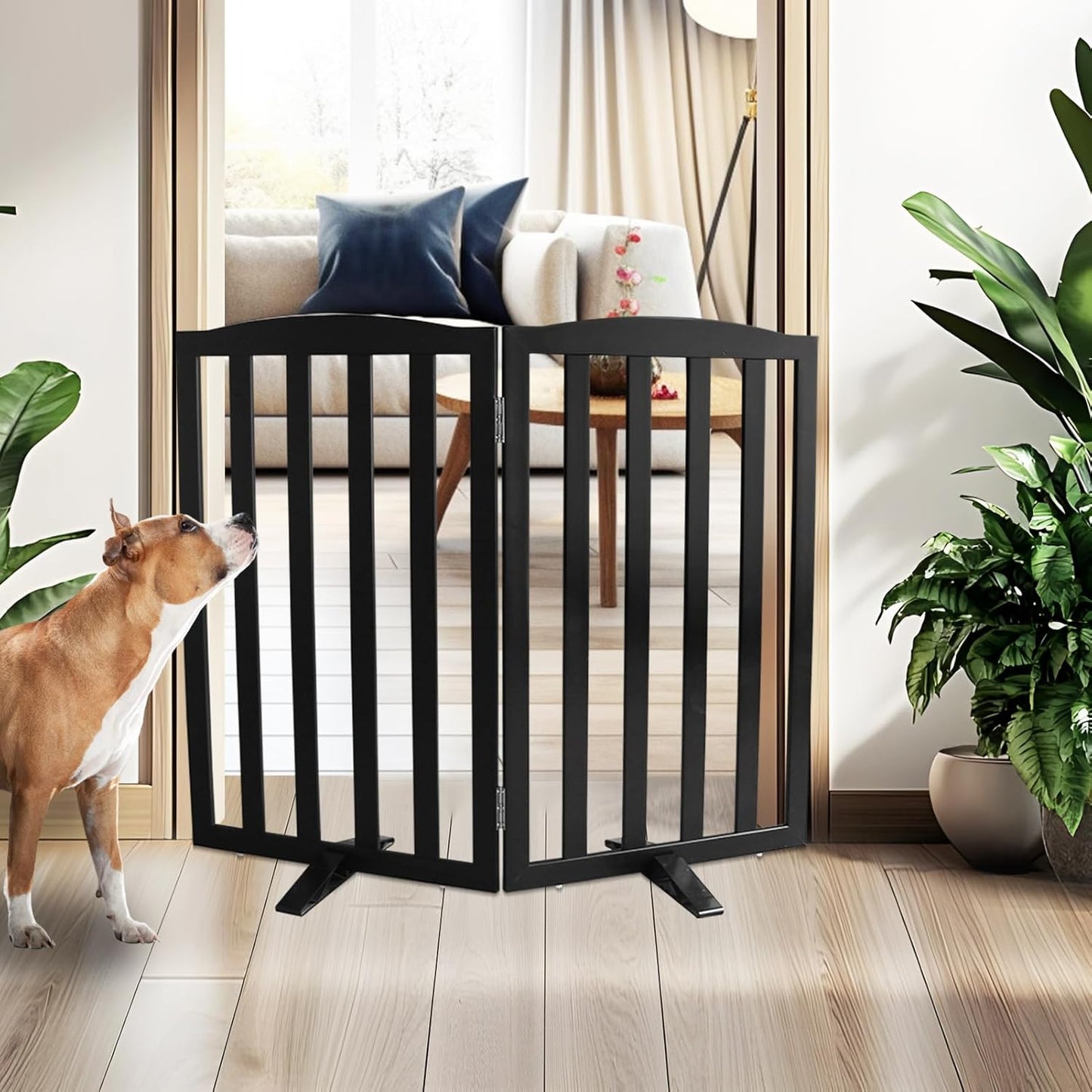 ZJSF Foldable Freestanding Indoor Dog Gate for House Wood White Long Pet Gates Dog Fence for Stairs Puppy Gates for Hallways,Pet Fence, Puppy Gate,Support Feet Included 24 "Height-3 Panels