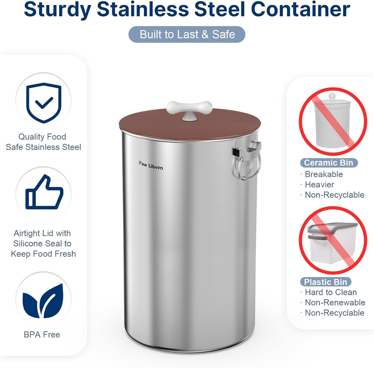 Paw Libero 25 Lbs Stainless Steel Dog Food Storage Container with Airtight Lid & Ceramic Bone Handle, Large Metal Dog Food Bin for Dogs & Cats, Keep Fresh, Easy to Clean