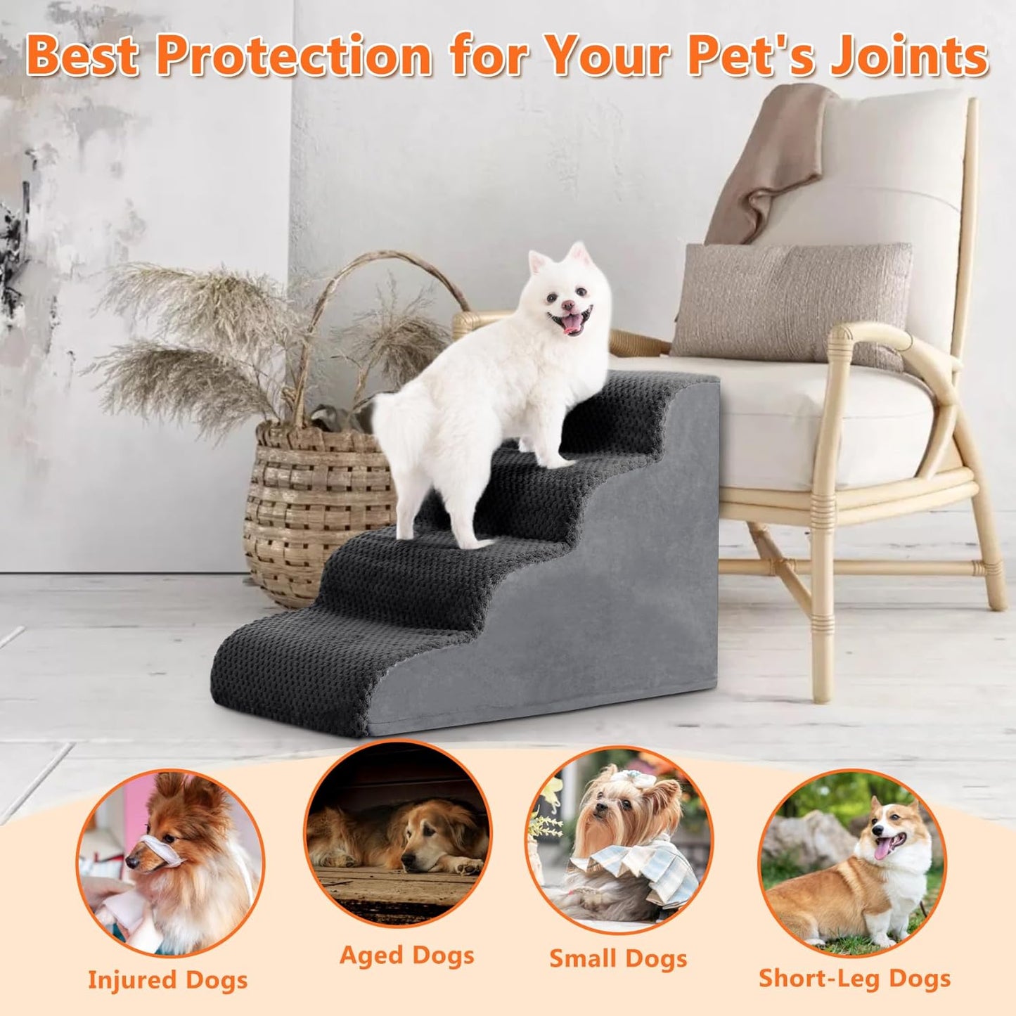 Dog Stairs Ramp, Curved 3-Step Dog Steps for Small Dogs and Cats, Pet Stairs for High Beds and Couch with Anti-Slip Washable Cover and Durable High Density Foam, Dark Grey