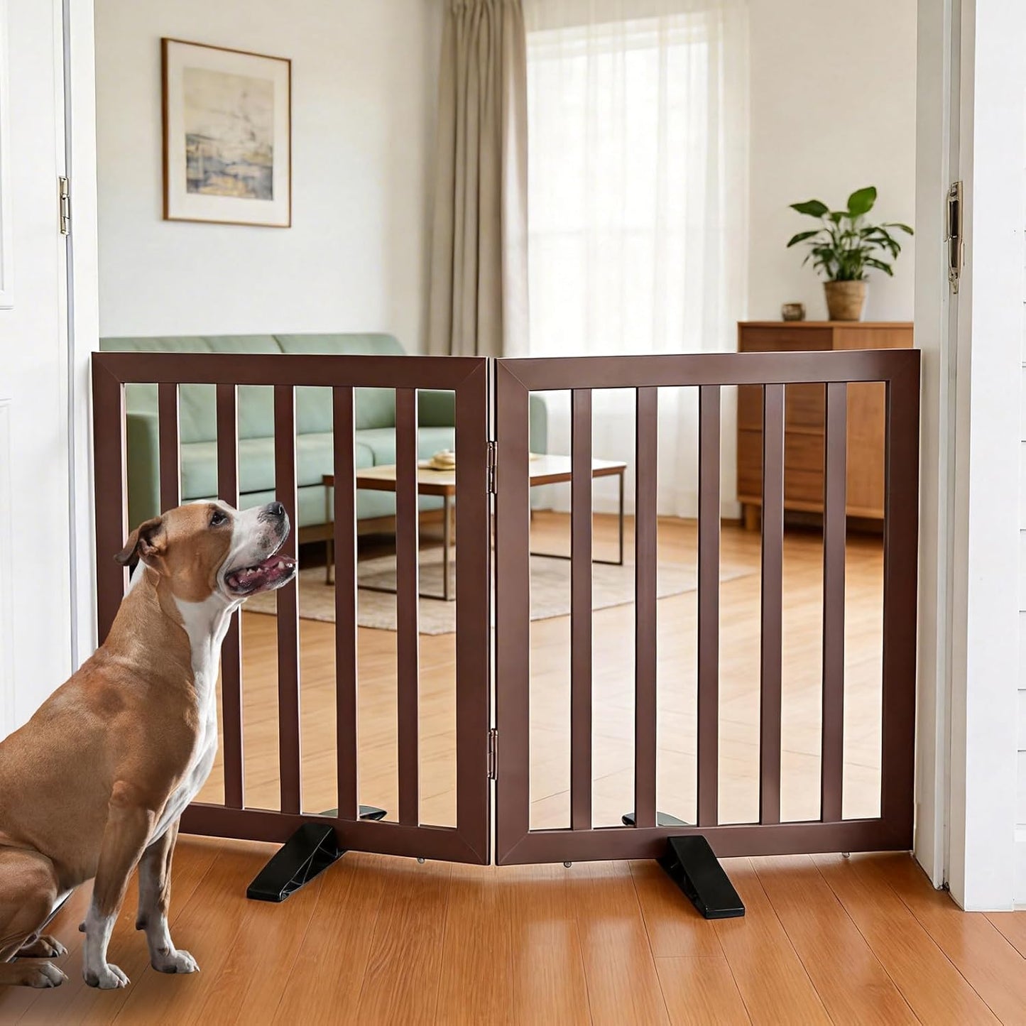 ZJSF Freestanding Indoor Dog Gate for House Foldable Wood Puppy Gate for Doorways Pet Gate for Stairs Extra Wide Pet Fence, Brown, 24" Height 3 Panels