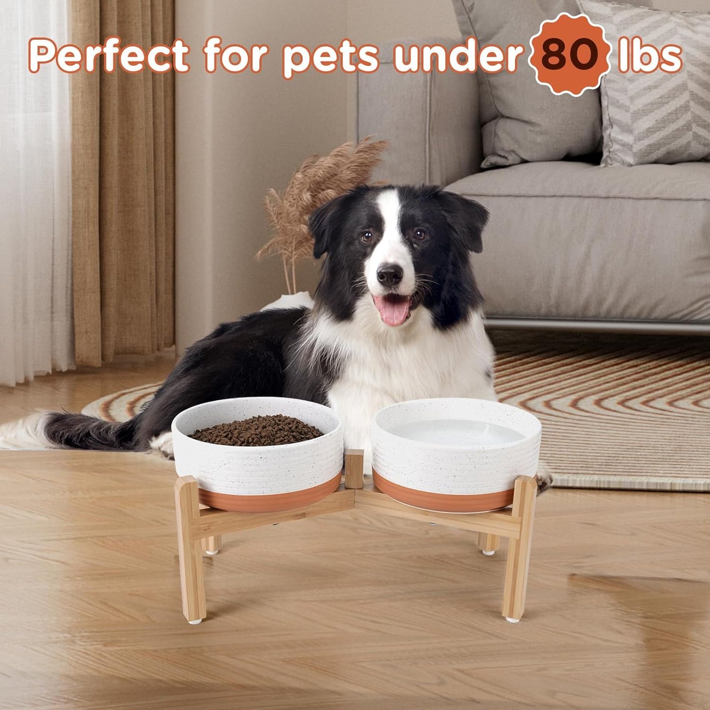 SPUNKYJUNKY Elevated Dog Bowls Ceramic, 6.1'' Dogs and Cat Food Water Bowls Raised with Non-Slip Bamboo Stand for Medium Sized Breed Microwave Dishwasher Safe - 28.7 OZ,Beige