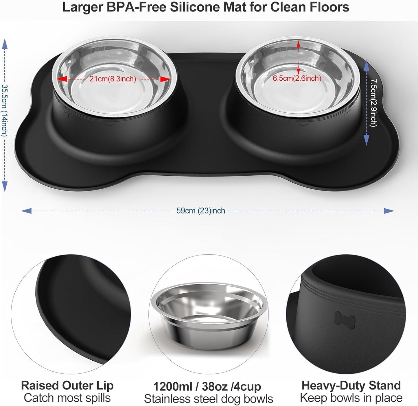 AsFrost Dog Food Bowls Stainless Steel & Water Dish with No-Spill and Non-Skid, Feeder Bowls with Dog Food Dish for Small Medium Large Size,Dogs,Cats,Puppy Pets, Black, 12oz