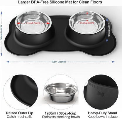 AsFrost Dog Food Bowls Stainless Steel & Water Dish with No-Spill and Non-Skid, Feeder Bowls with Dog Food Dish for Small Medium Large Size,Dogs,Cats,Puppy Pets, Black, 12oz