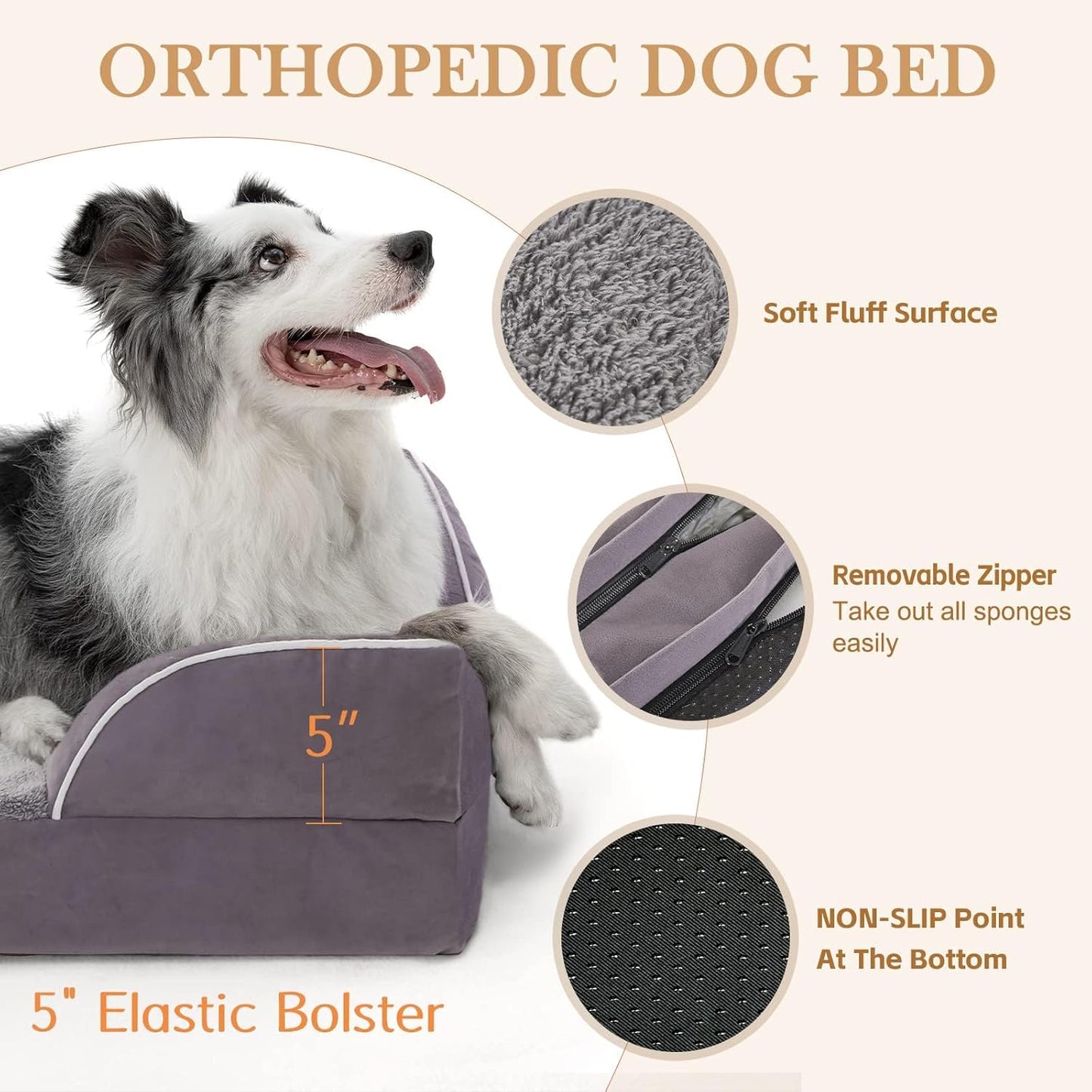 Comfort Expression Orthopedic Dog Bed for Extra Large Dogs 42x30 Inch, Waterproof Egg Crate Foam XL Pet Bed with Removable Bolsters, Dog Couch with Washable Cover & Non-Slip Bottom, Grey - Colors A