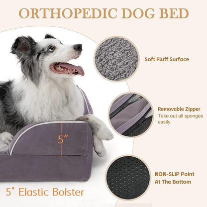 Comfort Expression Orthopedic Dog Bed for Extra Large Dogs 42x30 Inch, Waterproof Egg Crate Foam XL Pet Bed with Removable Bolsters, Dog Couch with Washable Cover & Non-Slip Bottom, Grey - Colors A