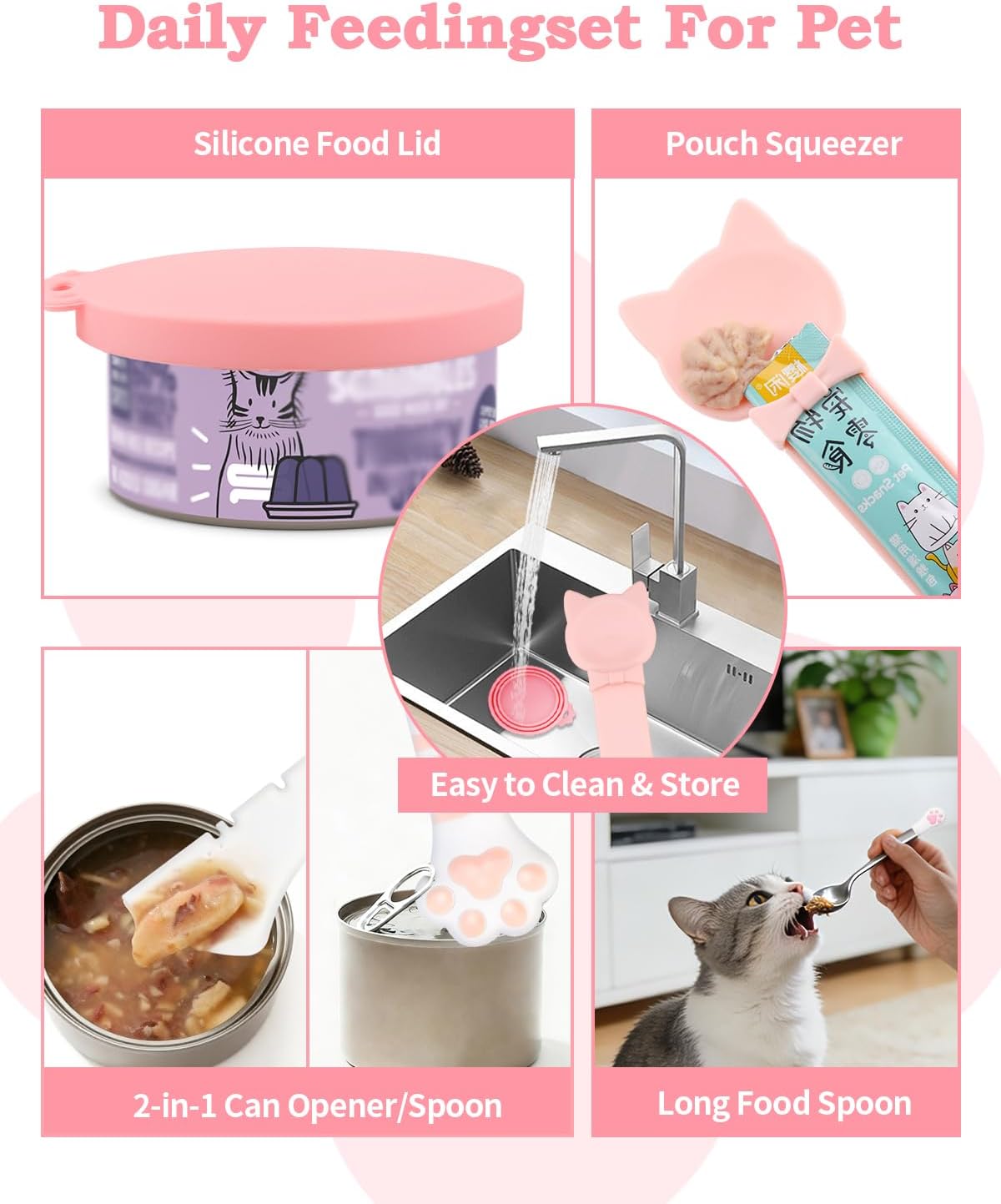 6 PCS Cat Food Can Covers Set, Reusable Silicone Can Lids with Opener, Stainless Steel Wet Food Spoon & Cat Treat Squeezer for Pet Feeding and Storage, Fits Cats & Dogs
