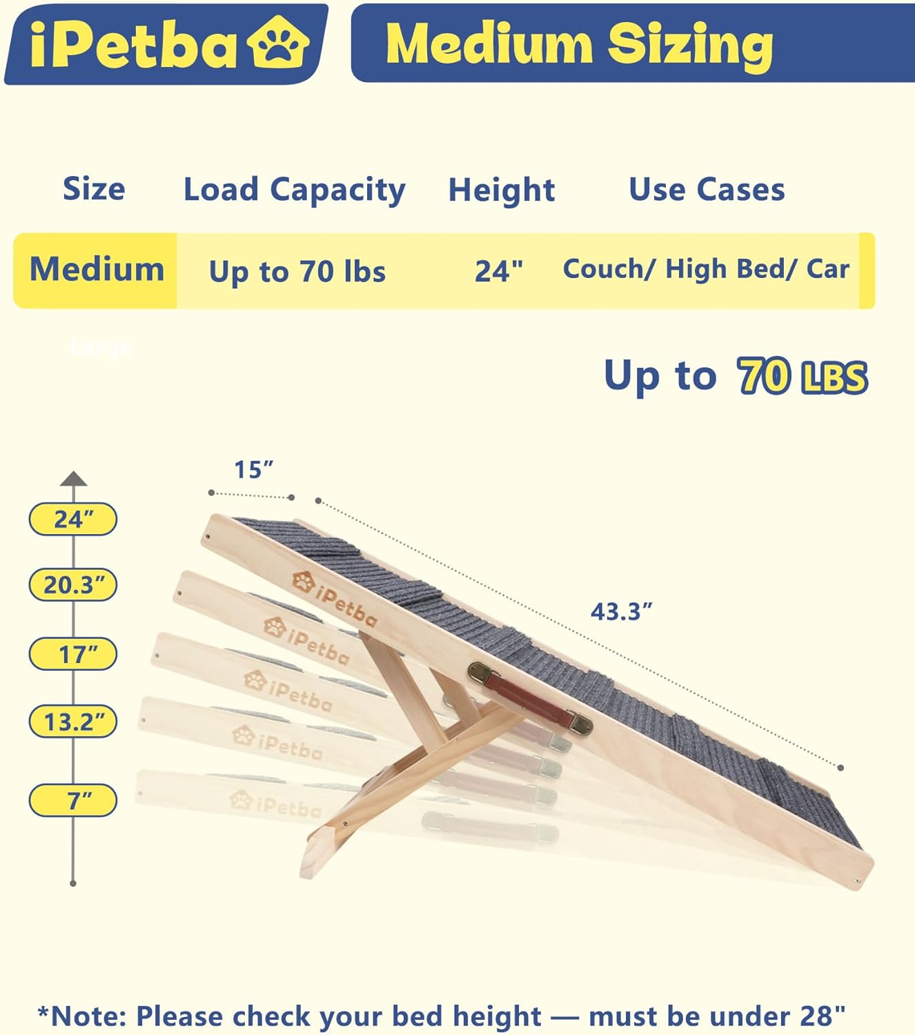 Dog Ramp for Bed & Couch for Small & Medium Dogs - Joint-Friendly, Anti-Slip, Adjustable, Odor-Free, Up to 70 lbs