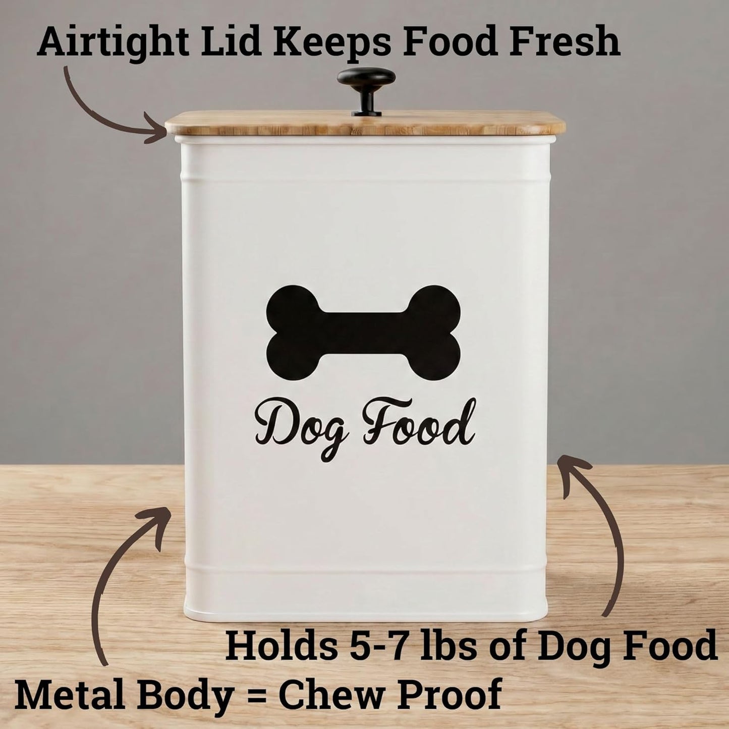Dog Food Container Airtight 5-7 lb (25 Cup) Capacity - Cute Airtight Dog Food Storage Container with Bamboo Lid & Sturdy Metal Handle - White Metal Kibble Storage Bin for Dogs up to 50 lbs - Pet Jar