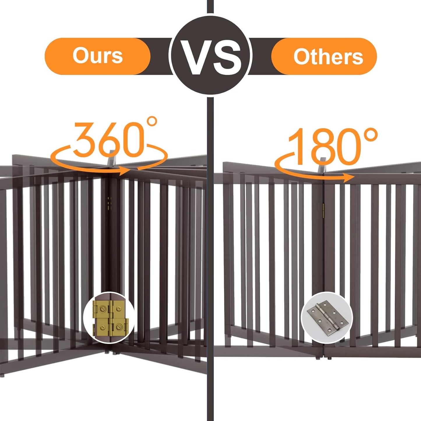 Freestanding Dog Gates Indoor, 3-Panel Pet Gates with 2 Metal Stands and 360° Hinge, 24" H Foldable Dog Gate for Stairs, Doorway, Kitchen, Expands Up to 55" Fully Assembled - Black Walnut