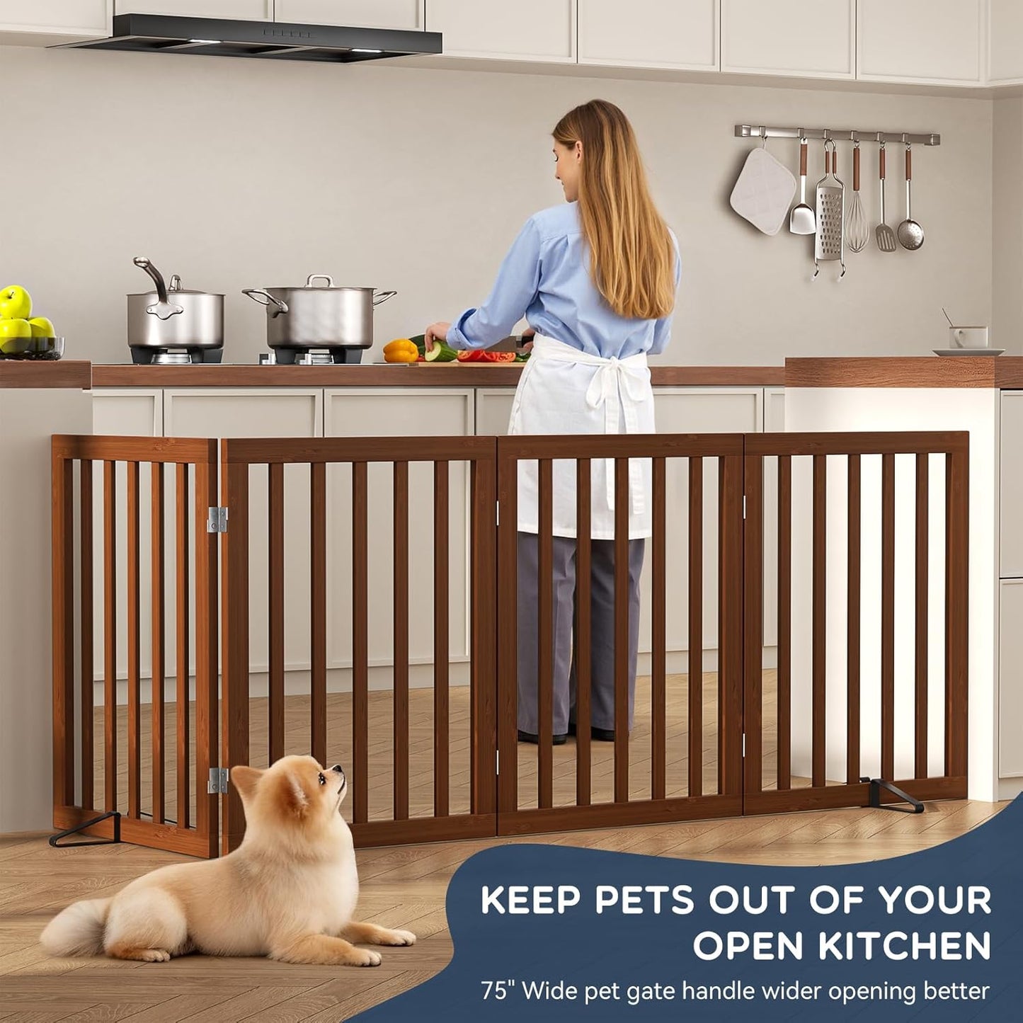 Homykic Bamboo Freestanding Dog Gate, No Assembly Pet Gate Indoor, 24”H x 75”W Extra Wide Foldable Puppy Fence with Support Feet for the House, Doorways Stairs, 4 Panels, No Drilling, Espresso