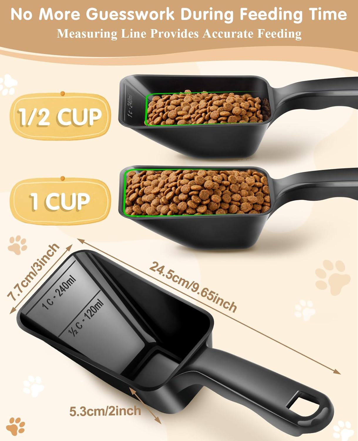 2-Pack Dog Food Scoop 1 Cup, Plastic Pet Food Measuring Scoop With Measuring Lines (1/2 & 1 Cup Markings) for Dogs, Cats, Fish, Bird（Transparent