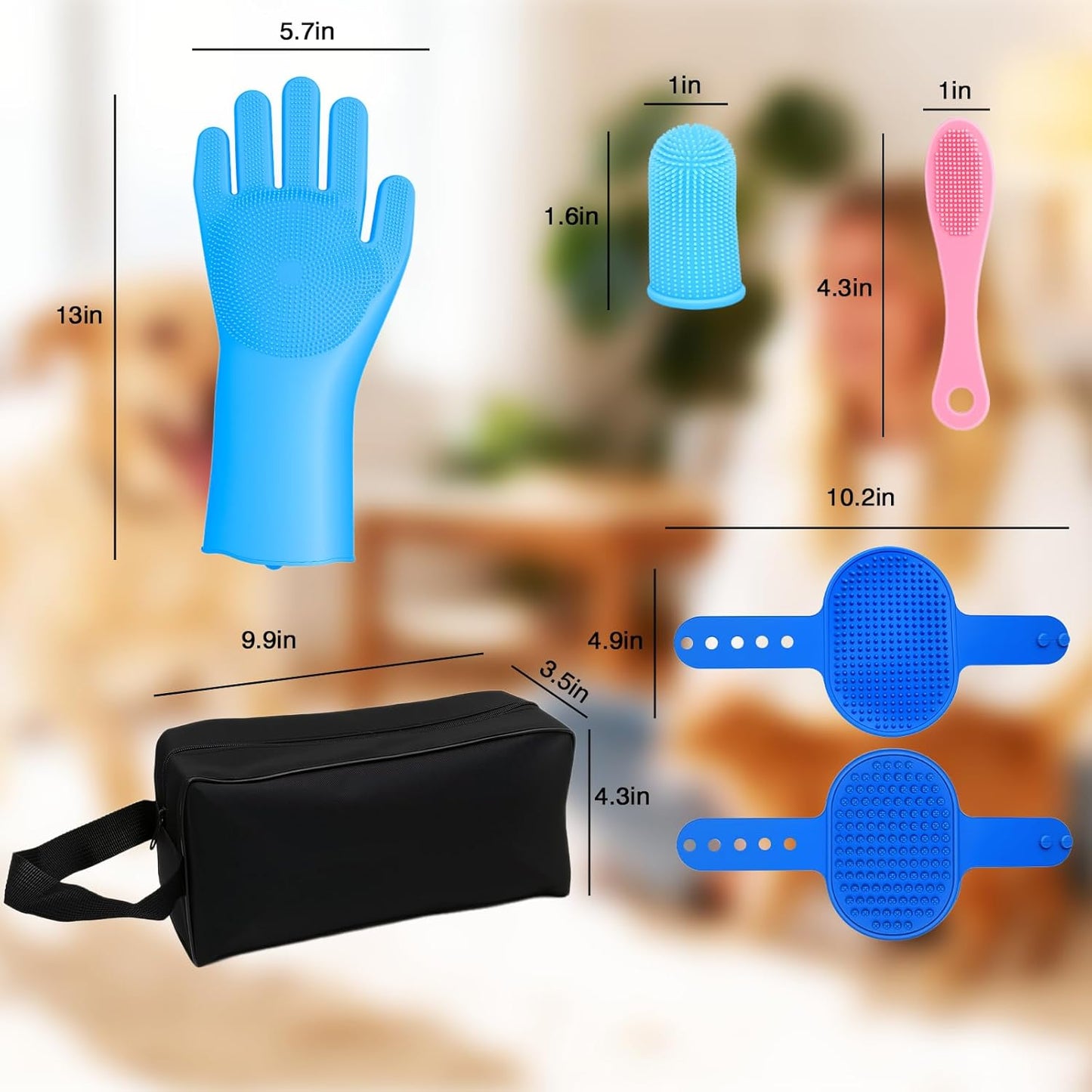 7PCS Dog Washing Gloves | Dog Bath Brush | Storage Bag | Dog Finger Toothbrush for Short & Long Haired Dogs & Cats | Efficient Deshedding Bathing & Massaging, Suitable for Pets (Sage Green)