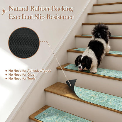 OJIA Floral Stair Treads Non-Slip Stair Runner for Wooden Steps Indoor 15PCS 30"x8" Carpet Stair Treads Stair Mats Staircase Step Treads for Kids, Elders and Dogs, Stair Covers, Black
