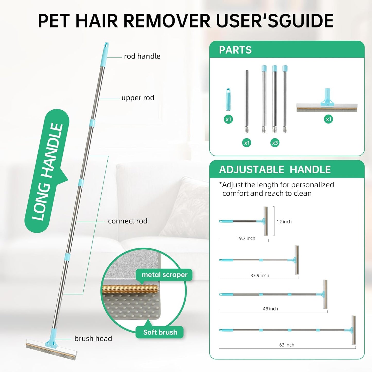 Carpet Rake for Pet Hair Removal Tool, 2 in 1 TPU and Copper Rake Teeth Uproot Clean Hair Remover with 63’’ Adjustable Long Handle,Cat & Dog for Carpets,Rugs, Mats (63’’ Long Handle+1 Short Handle)