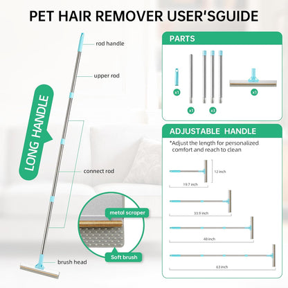 Carpet Rake for Pet Hair Removal Tool, 2 in 1 TPU and Copper Rake Teeth Uproot Clean Hair Remover with 63’’ Adjustable Long Handle,Cat & Dog for Carpets,Rugs, Mats (63’’ Long Handle+1 Short Handle)