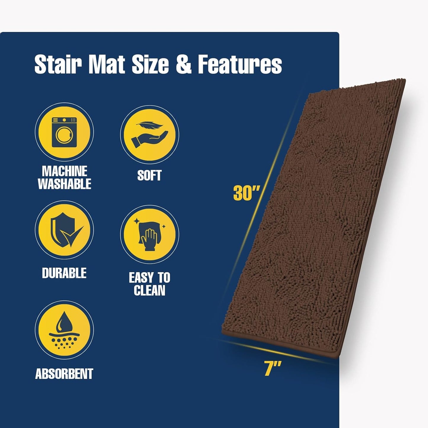 Muddy Mat® Pack of 4 - Soft Chenille Stair Treads Non-Slip Reusable, Super Absorbent Stair Treads for Wooden Steps, Tile & Marble Floor, Easy to Install & Machine Washable - Grey 30'' x 7''
