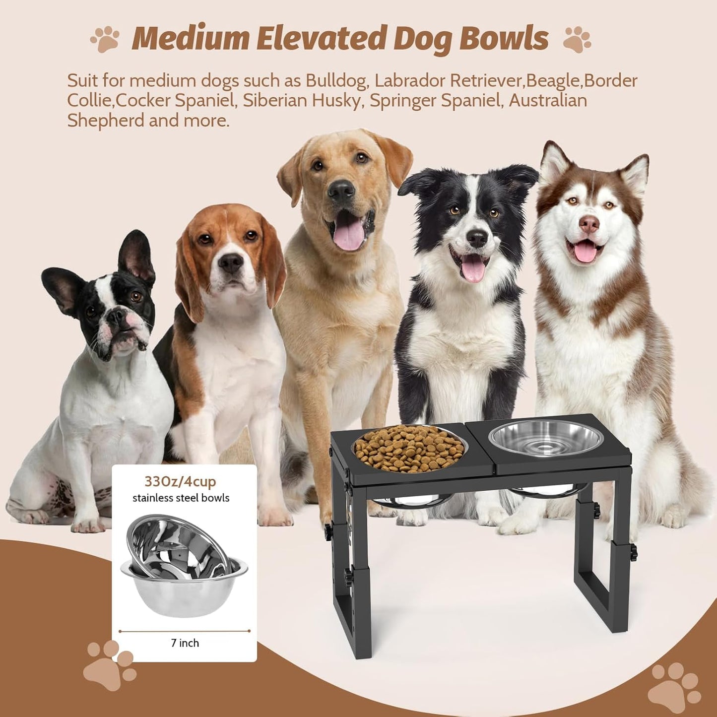 Dog Bowls Elevated, 4 Height (9.6" to15) & Angle (0-20°) Adjustable Raised Dog Bowl Stand, Elevated Dogs Bowl for Medium to Large Sized, Bamboo Feeding Station with 2X 10cups Stainless Steel Dishes