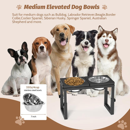 Dog Bowls Elevated, 4 Height (9.6" to15) & Angle (0-20°) Adjustable Raised Dog Bowl Stand, Elevated Dogs Bowl for Medium to Large Sized, Bamboo Feeding Station with 2X 10cups Stainless Steel Dishes